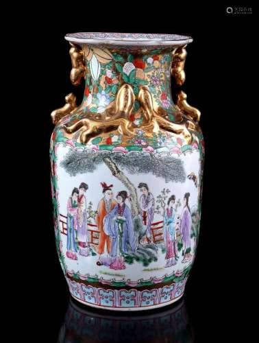 PORCELAIN VASE WITH RELIEF DECORATION OF FIGURES IN A GARDEN