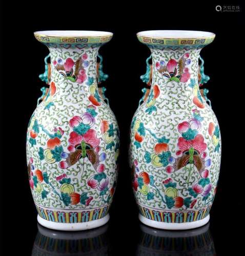 2 PORCELAIN ORIENTAL VASES WITH POLYCHROME DECORATION WITH F...