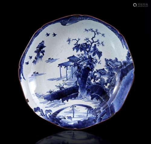 ORIENTAL DISH WITH BLUE LANDSCAPE DECOR, JAPAN CA. 1775