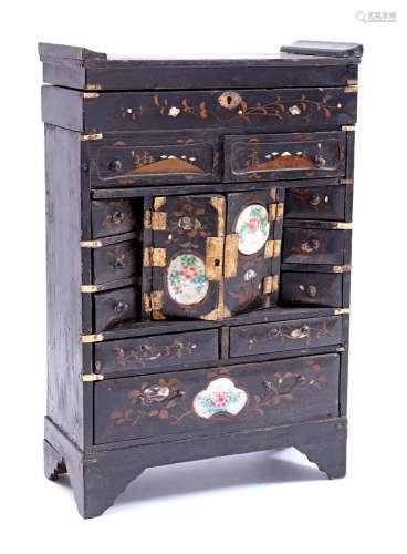 OLD ORIENTAL MINIATURE LACQUERWARE CABINET WITH PORCELAIN PL...