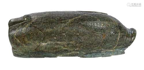 JADE CARVED STATUE OF A LYING PIG, 65 CM LONG