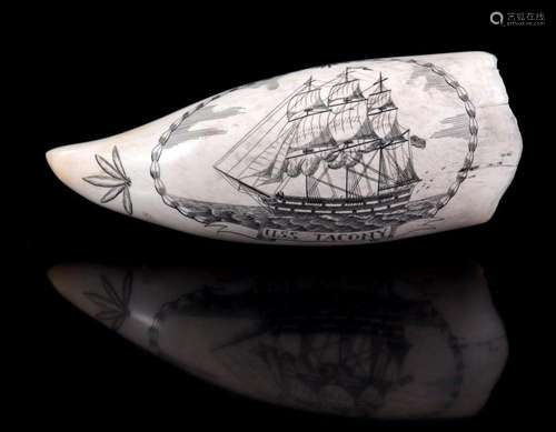 ENGRAVED TOOTH OF A SPERM WHALE WITH DECOR OF USS TACONY