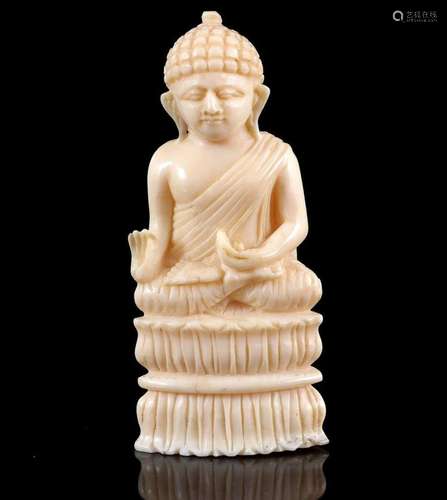 MINIATURE SEATED BUDDHA, CARVED SPERM WHALE TOOTH