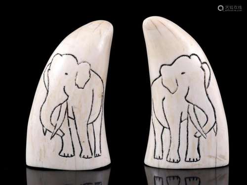 2 SPERM WHALE TEETH WITH ENGRAVED DECOR OF ELEPHANTS