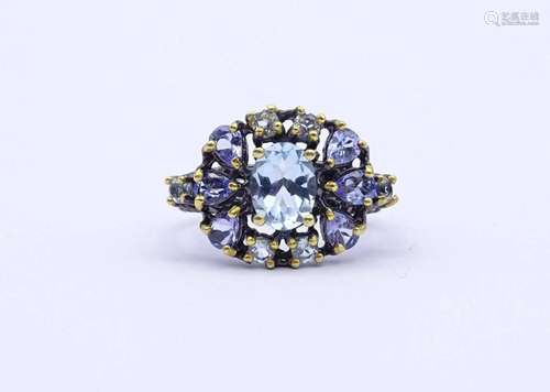 SILBER RING MIT BLAUTOPAS UND TANSANITE,DUNKEL RHODINIERT,ST...