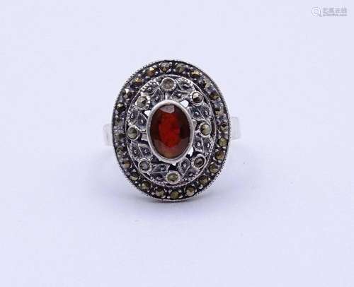 SILBER RING MIT GRANAT UND MARKASITEN, STERLING SILBER 0.925