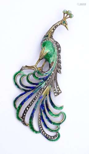 GROSSE PFAU BROSCHE MIT EMAILLE UND MARKASITEN, STERLING SIL...