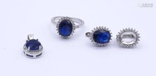 SCHMUCKSET, SILBER 0.925 MIT FARBSTEINEN, RING ,ANHÄNGER UND...