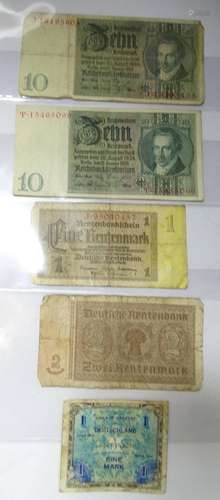 5 BANKNOTEN REICHSMARK, RENTENMARK, 1 X EINE MARK ALLIIERTE ...