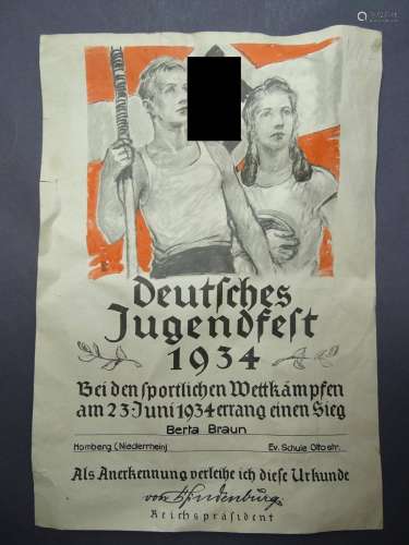 URKUNDE DEUTSCHES JUGENDFEST 1934, HOMBERG
