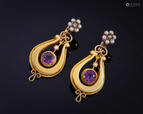 拿破仑三世时期 18Ｋ金紫晶野珠耳环