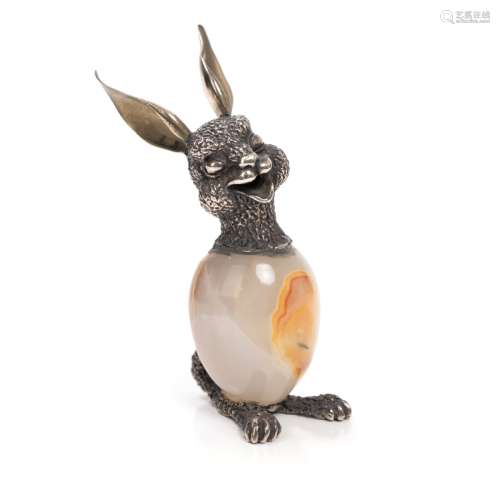 AGATE AND SILVER RABBIT, Marked 800 greece