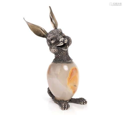 AGATE AND SILVER RABBIT, Marked 800 greece