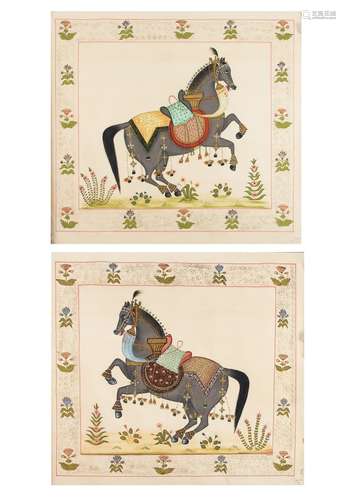 A Pair Of Elaborately Hand-painted Horses On Silk