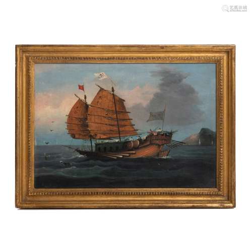 CHINESE EXPORT PAINTING OF A BOAT OIL ON CANVAS
