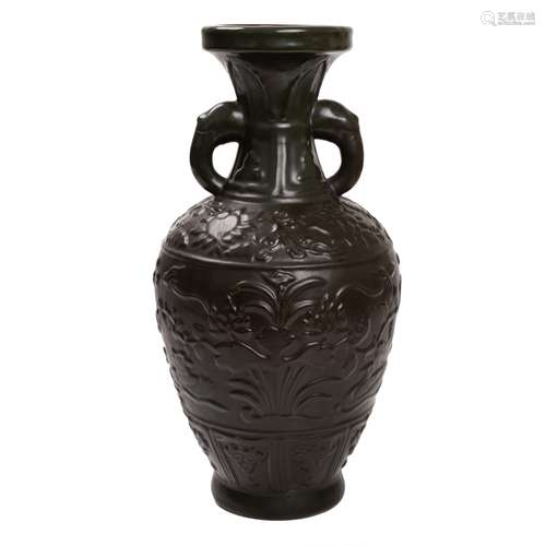 CHINESE TEA GLAZED DOUBLE HANDLE VASE