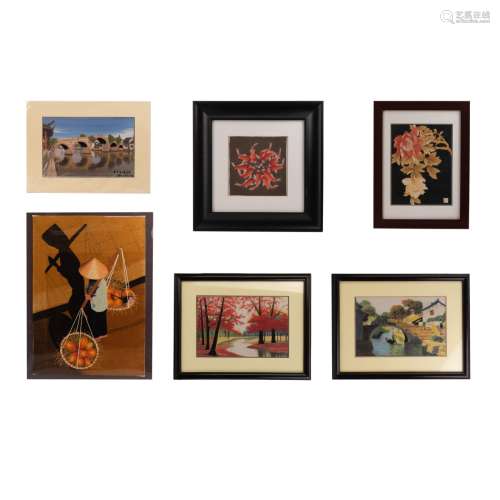 FRAMED EMBROIDERY AND HUSK ART GROUP OF 6