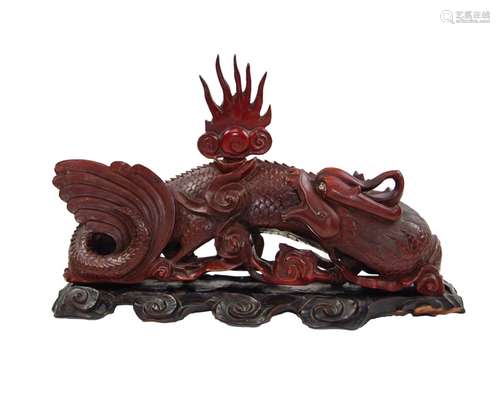 CHINESE WOOD DRAGON FIGURE ON BASE