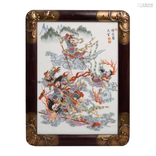 CHINESE PORCELAIN PLAQUE IN WOOD FRAME