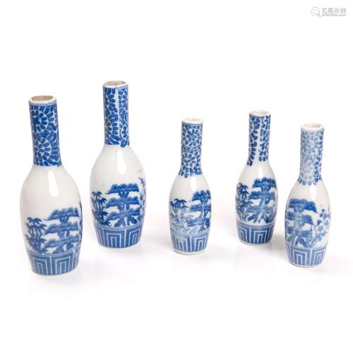 GROUP OF 5 BLUE AND WHITE PORCELAIN BOTTLES