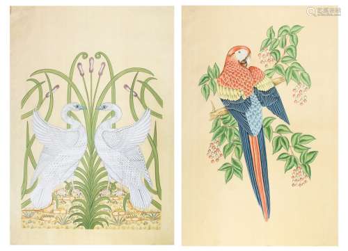 A Pair Of  Hand-painted Birds and Swans On Silk