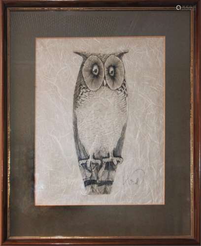 Framed Ink On Paper Owl Signed