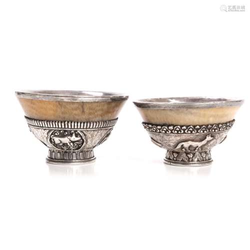 PAIR OF CHINESE SILVER AND JADE ALTER CUPS