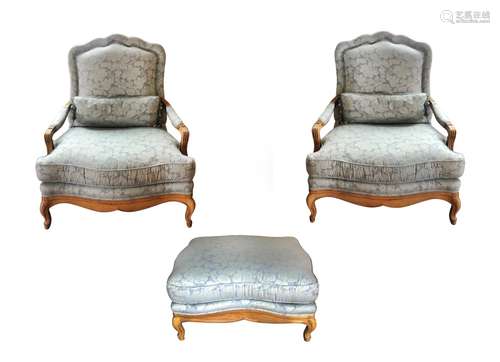 TWO SILK ARM CHAIRS AND OTTOMAN