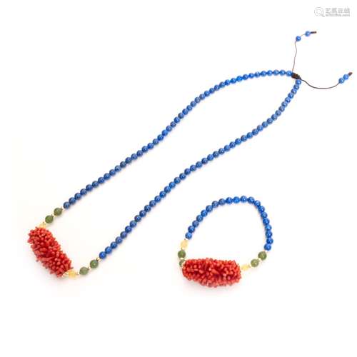 LAPIS LAZULI AND CORAL NECKLACE AND BRACELET