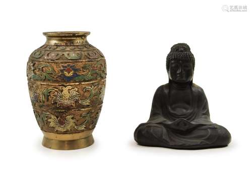 TWO METAL BUDDHA  AND VASE