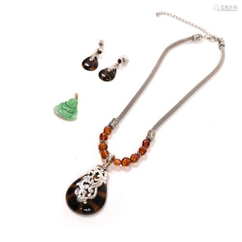 GROUP OF SILVER JADE AND AMBER JEWELRY