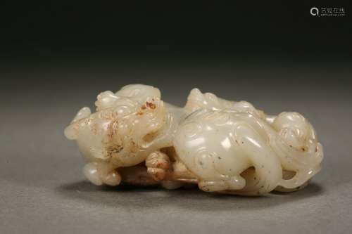 A Carved White Jade Double Beasts