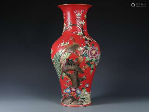 A Famille Rose Peacock Vase