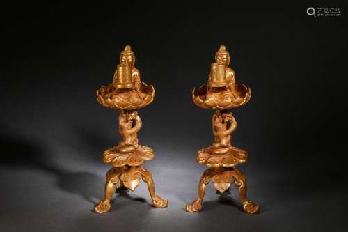 A Bronze-gilt Chinese Candle Holders