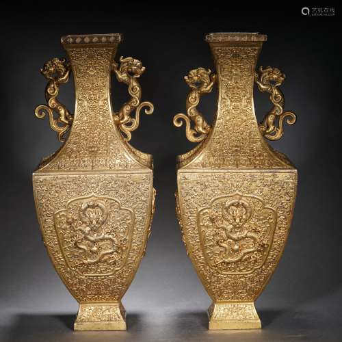 Pair Bronze-gilt Dragon Vases