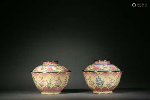 Pair Painted Enamel Bowls with Covers