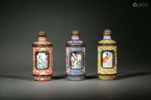 A Group of Three Painted Enamel Snuff Bottles