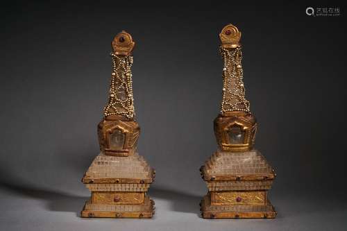 Pair Carved Rock Crystal Stupas