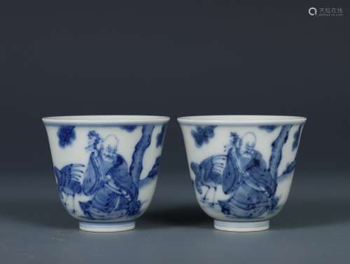 Pair Blue and White Figural Story Cups