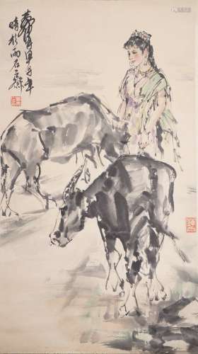 A Chinese Painting of Beauty with Buffalos
