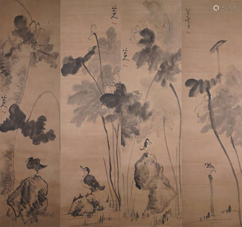 A Group of Four Chinese Painting of Lotus Pond