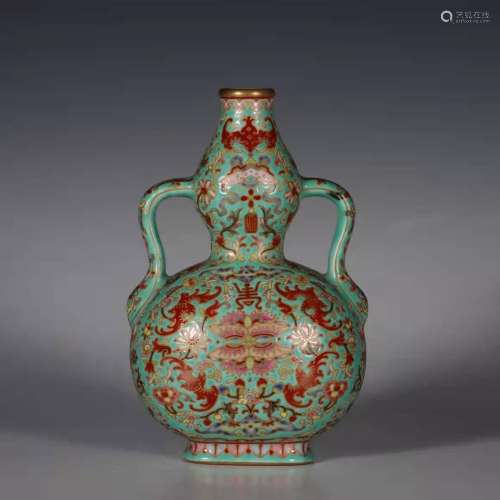 A Turquoise Ground and Famille Rose Double Gourds Vase