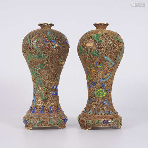 A Pair of Filigree Dragon and Phoenix Meiping Vase