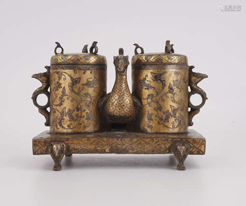 Gold-Inlaid Mythical Bird Twin Jars