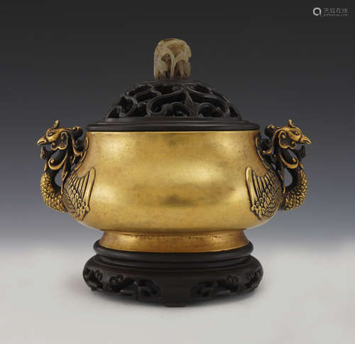 Xuande Gilt Bronze Phoenix Handles Censer