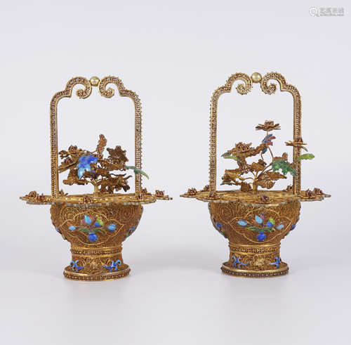 A Pair of Filigree Flower Basket Ornaments