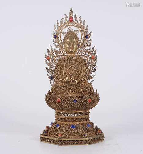 Hardstone-Inlaid Filigree Figure of Buddha