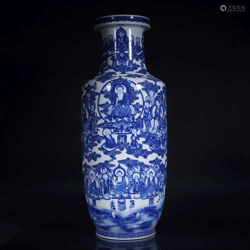 Blue and White Buddhist Rouleau Vase