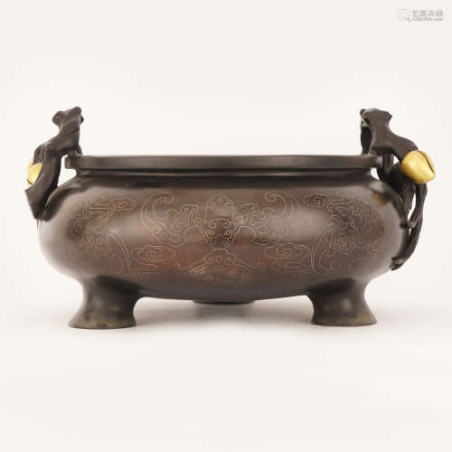 Xuande Bats and Peaches Tripod Censer