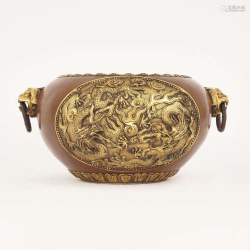 Gilt Bronze Dragon Censer with Lion Handles